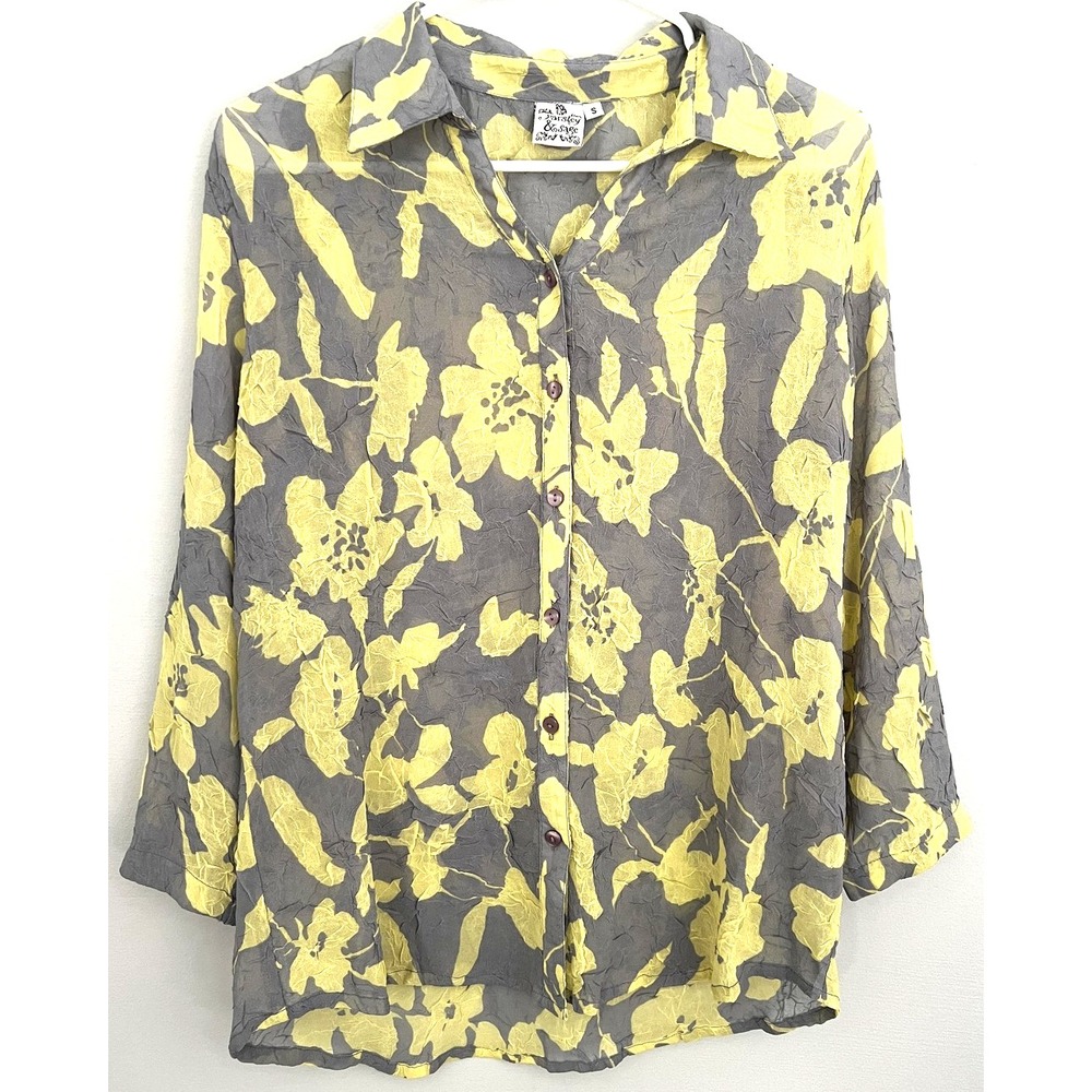 Parsley & Sage Shirt Womens Small Gray Yellow Floral Crinkle Button Front Blouse